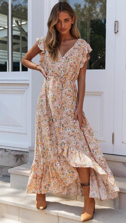 V Neck Print Dress Single Breasted Irregular Waist Lace-Up Dress