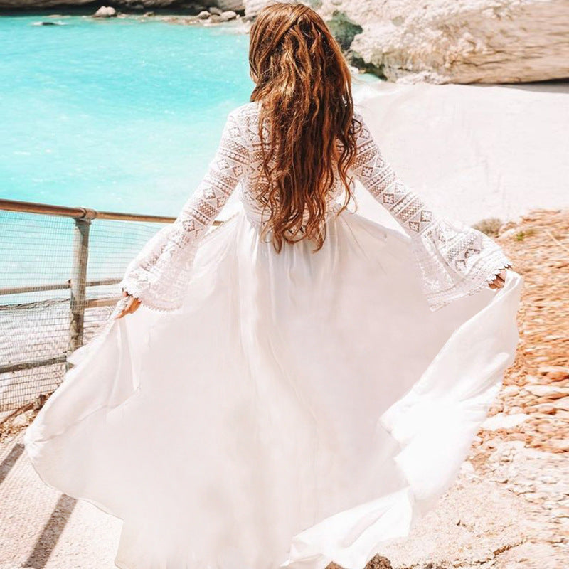 Rayon And Lace Long Cardigan Beach Skirt Bikini Blouse Swimsuit Outer Cardigan Sunscreen Holiday Skirt