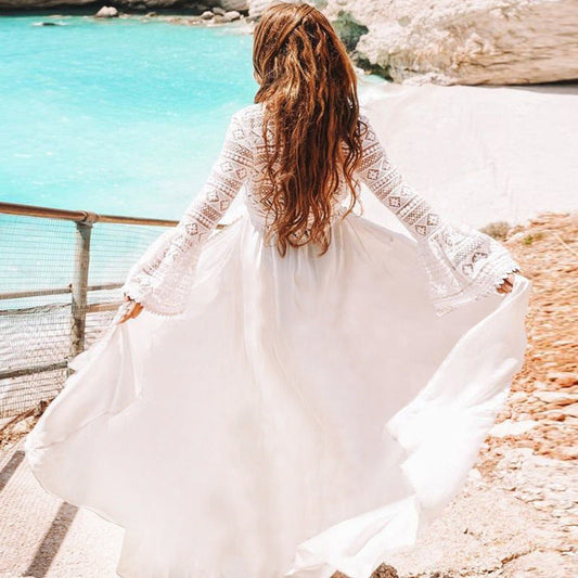 Rayon And Lace Long Cardigan Beach Skirt Bikini Blouse Swimsuit Outer Cardigan Sunscreen Holiday Skirt
