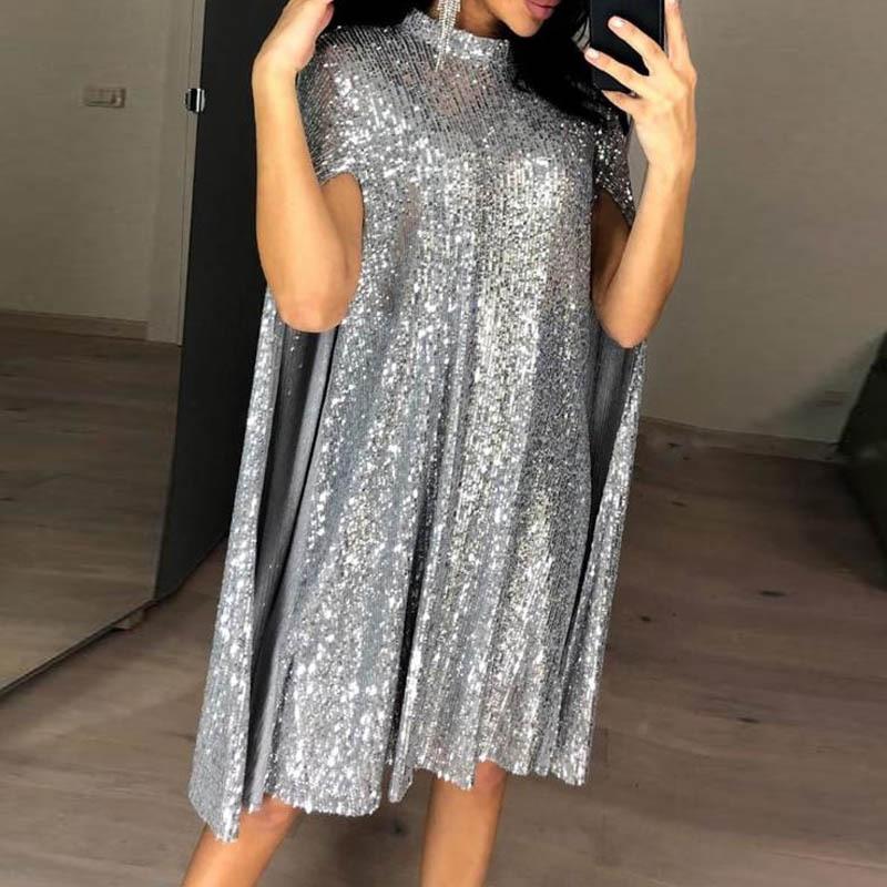 Stand Collar Sequined Dress Is Loose.