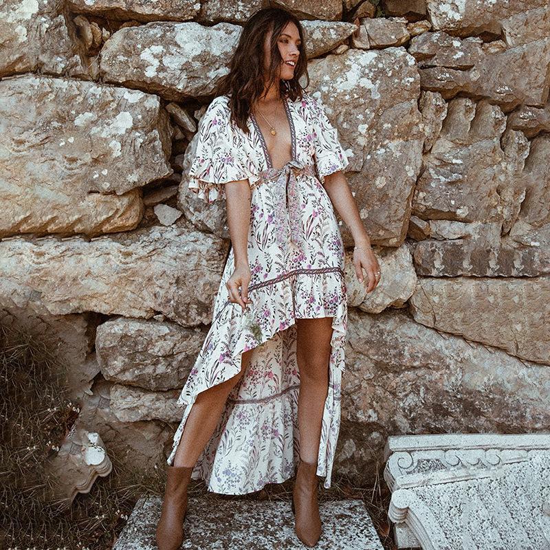 Bohemian Deep V Collar Tie With Back-To-Back Retro-Printed Large Irregular Dress