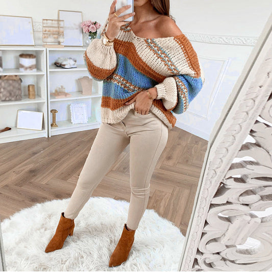 Autumn And Winter Casual Loose Solid Color Printed Sweater Sexy V-Neck Sweater