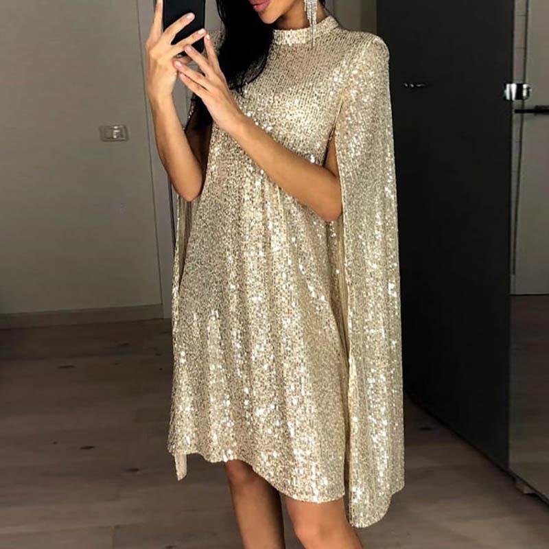 Stand Collar Sequined Dress Is Loose.