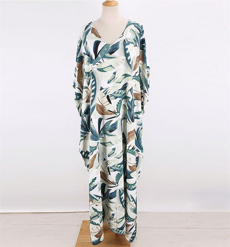 New White Background Leaf Print Beach Loose Seaside Cover Up