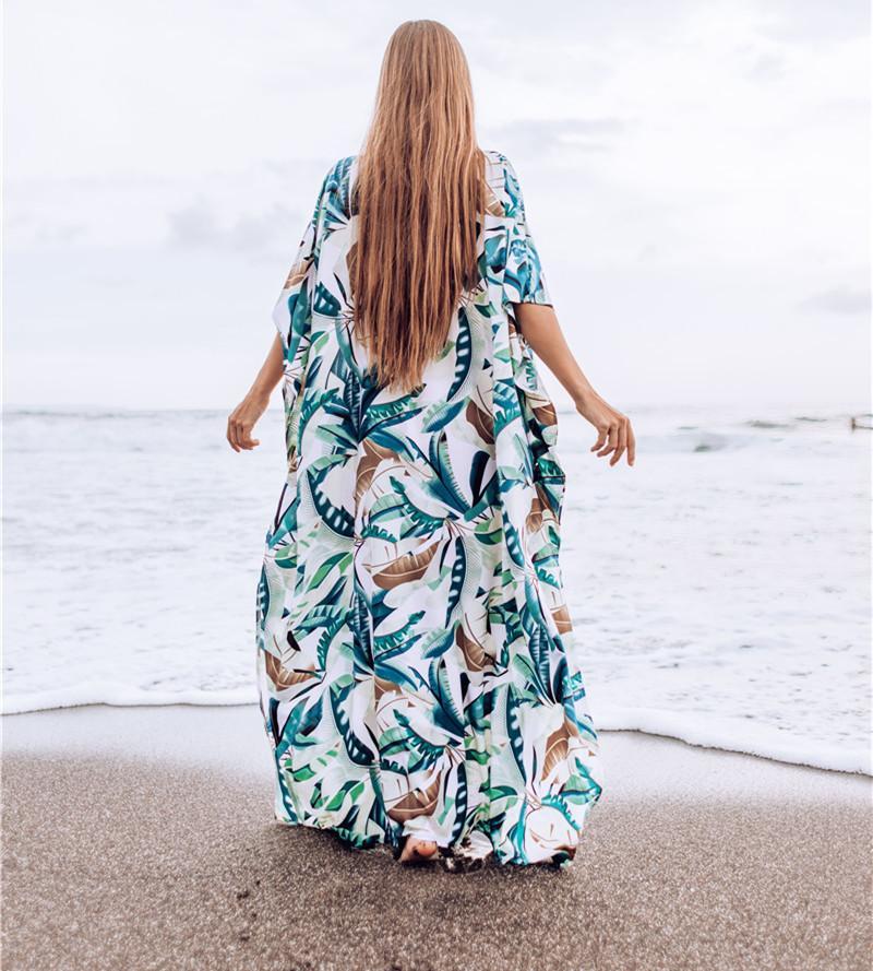 New White Background Leaf Print Beach Loose Seaside Cover Up