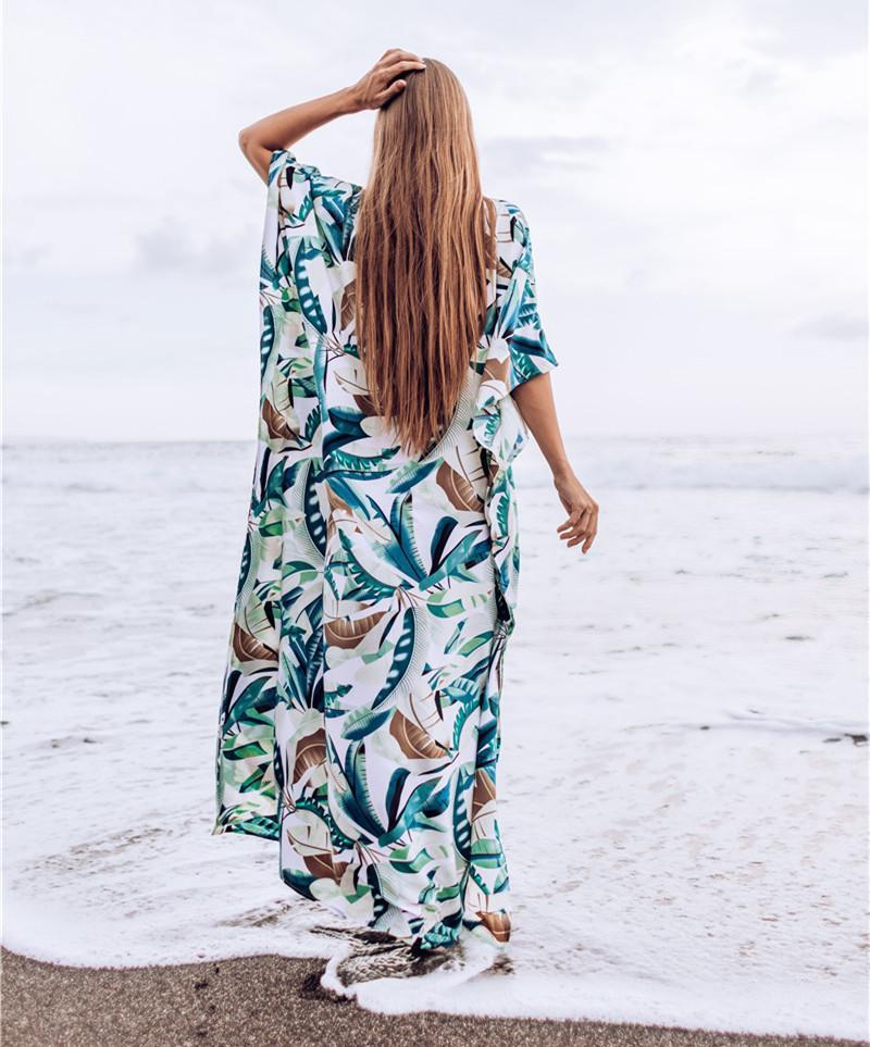New White Background Leaf Print Beach Loose Seaside Cover Up