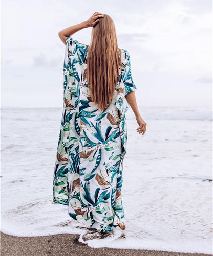 New White Background Leaf Print Beach Loose Seaside Cover Up