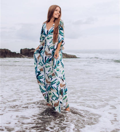 New White Background Leaf Print Beach Loose Seaside Cover Up
