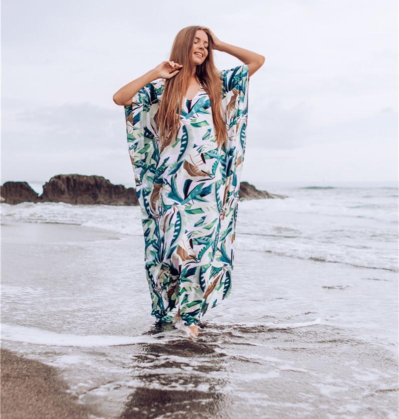 New White Background Leaf Print Beach Loose Seaside Cover Up