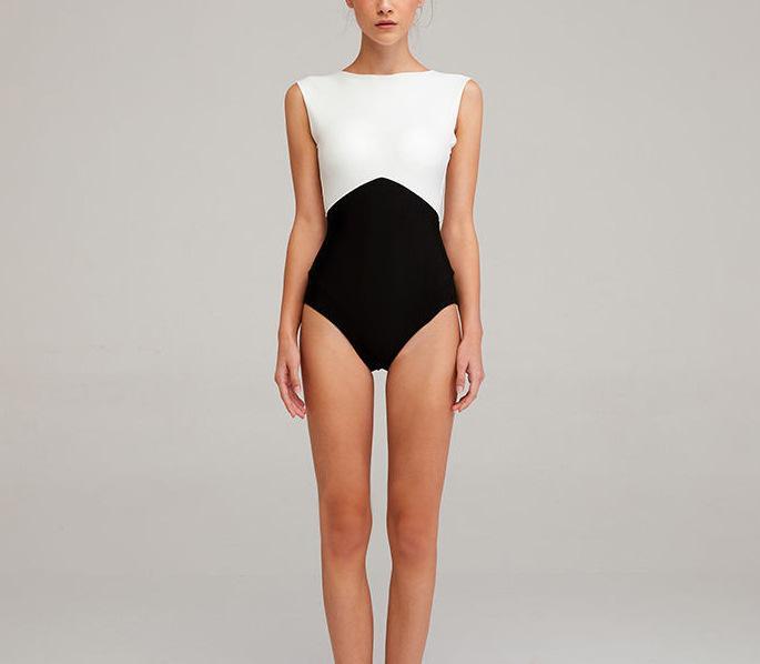 New Solid Color Black And White Stitching Bikini One-Piece Triangle Swimsuit