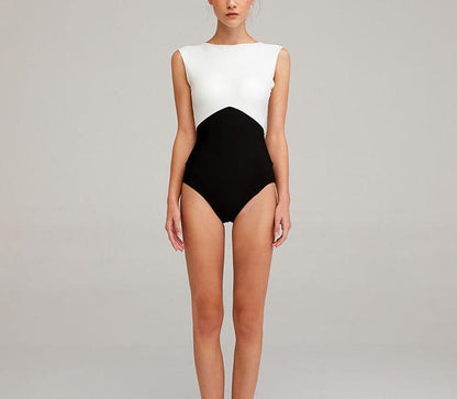 New Solid Color Black And White Stitching Bikini One-Piece Triangle Swimsuit