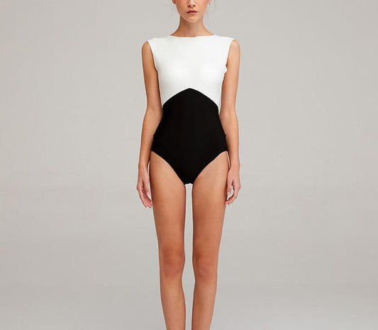 New Solid Color Black And White Stitching Bikini One-Piece Triangle Swimsuit