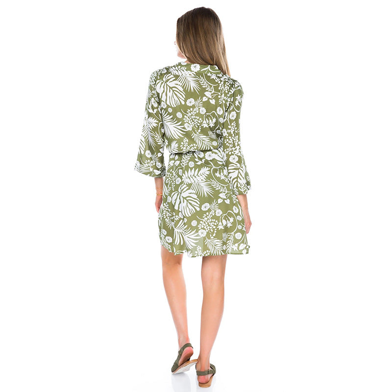 Spring And Summer New Boho Tropical Rainforest Leaf Print Loose Tie Nine Points Sleeve Thin Section Blouse