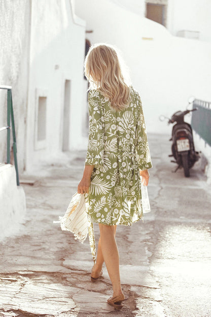 Spring And Summer New Boho Tropical Rainforest Leaf Print Loose Tie Nine Points Sleeve Thin Section Blouse