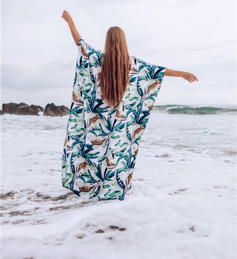New White Background Leaf Print Beach Loose Seaside Cover Up
