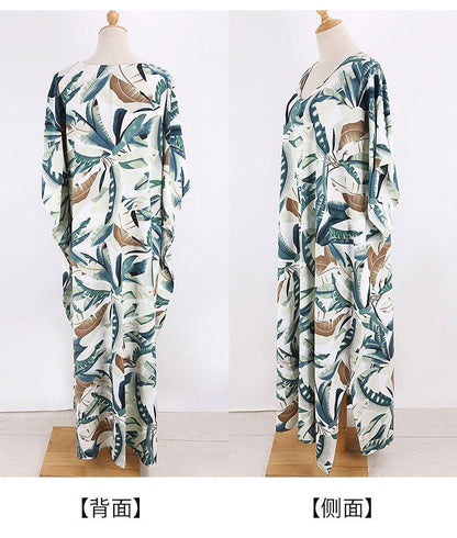 New White Background Leaf Print Beach Loose Seaside Cover Up