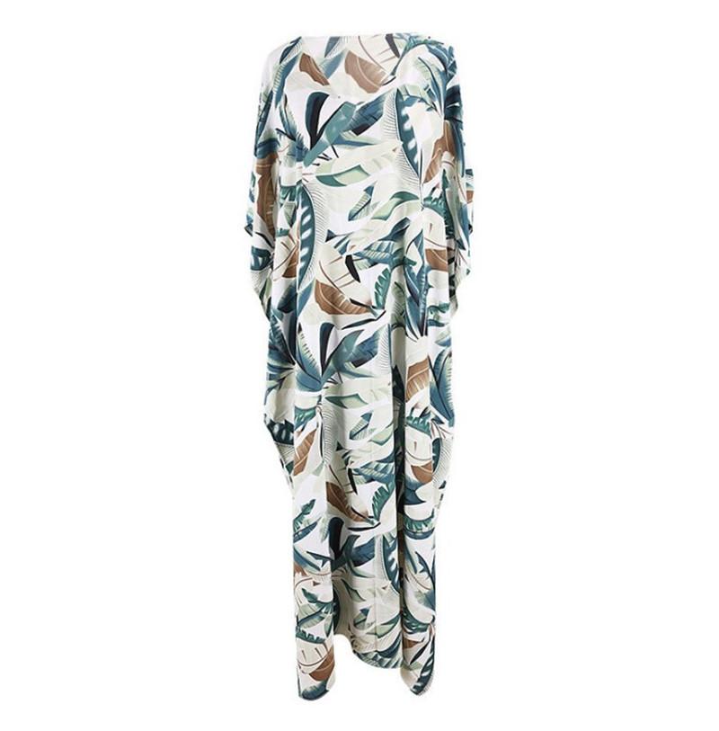 New White Background Leaf Print Beach Loose Seaside Cover Up