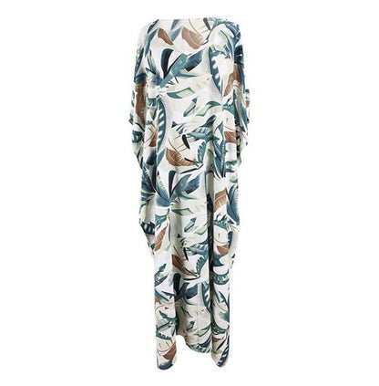 New White Background Leaf Print Beach Loose Seaside Cover Up