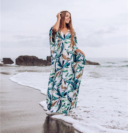New White Background Leaf Print Beach Loose Seaside Cover Up