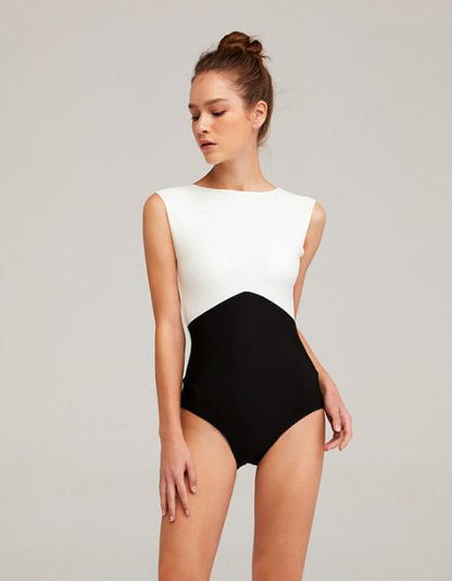 New Solid Color Black And White Stitching Bikini One-Piece Triangle Swimsuit
