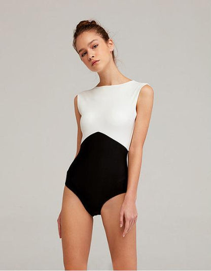 New Solid Color Black And White Stitching Bikini One-Piece Triangle Swimsuit