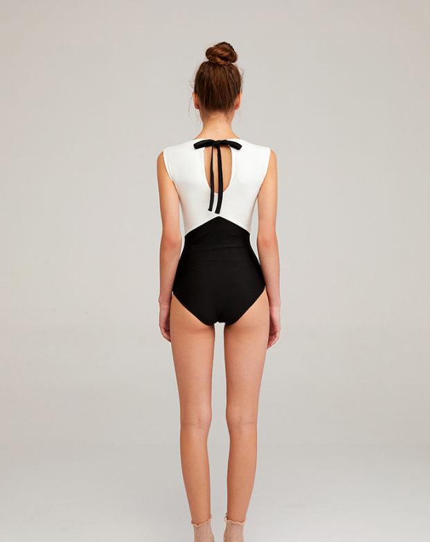 New Solid Color Black And White Stitching Bikini One-Piece Triangle Swimsuit