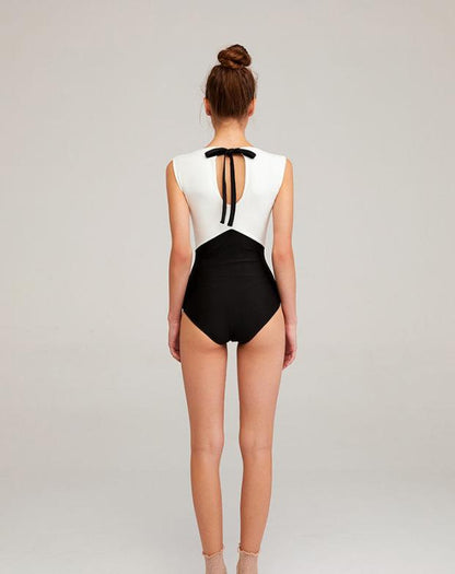 New Solid Color Black And White Stitching Bikini One-Piece Triangle Swimsuit