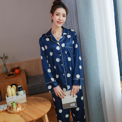 Spring And Summer Simple Women'S Long Sleeve Lapel Housewear Set Ice Silk Dot Printed Silk Pajamas