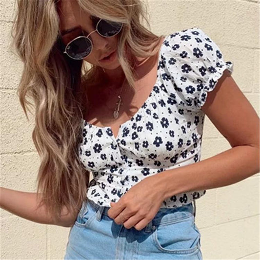 Printed Spring And Summer Women'S New Three-Dimensional Stitching Leak Umbilical Cord Shirt