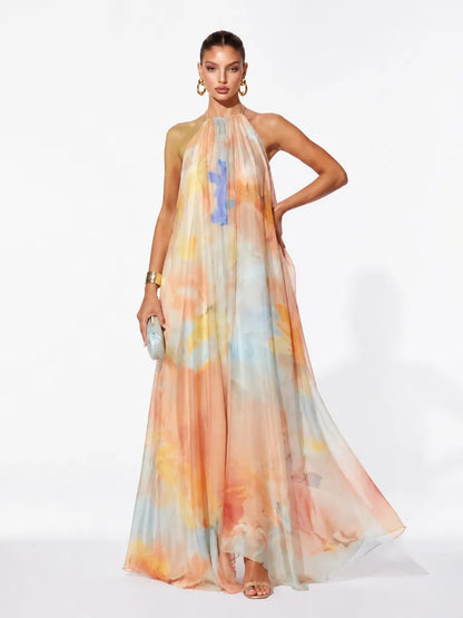 Madeline Printed Chiffon Lace-Up Backless Maxi Dress