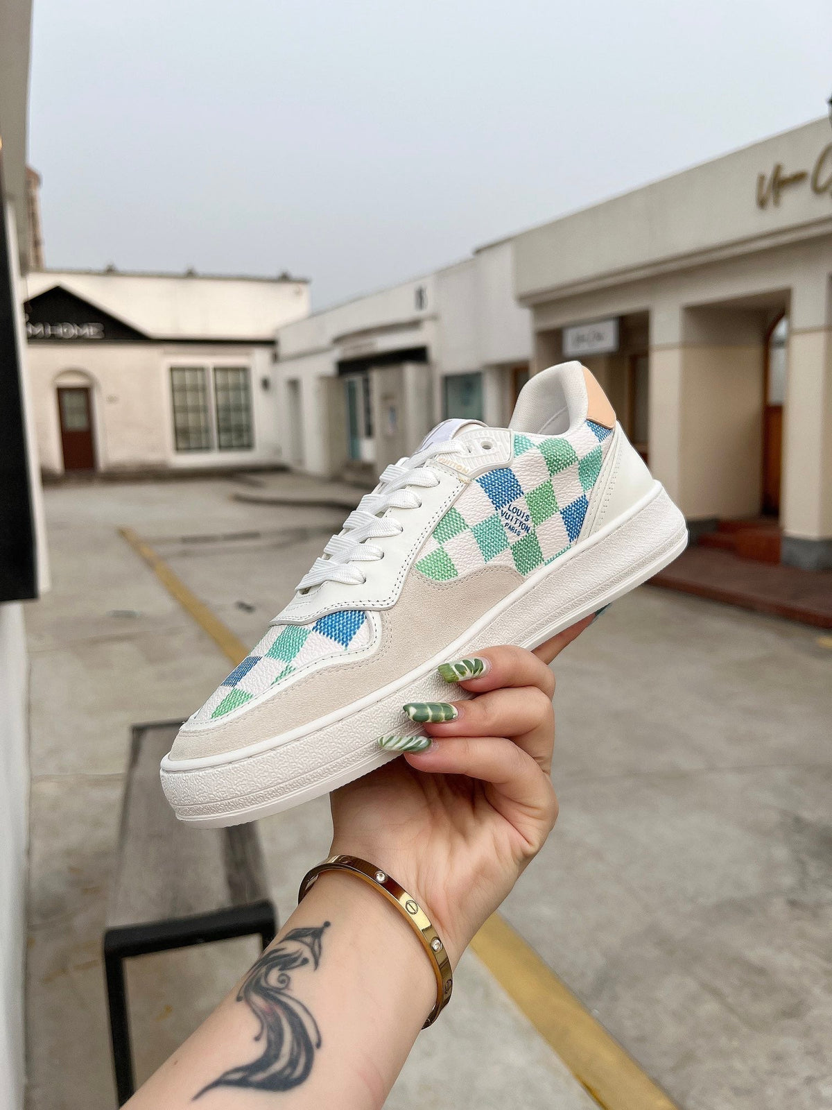 LV Groovy Sneaker White Blue Green Damier Canvas Suede 597683