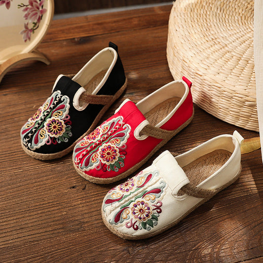 Women'S Spring Flat Bottomed Low Top Breathable Embroidered Shoes National Style Round Head Casual Women'S Shoes