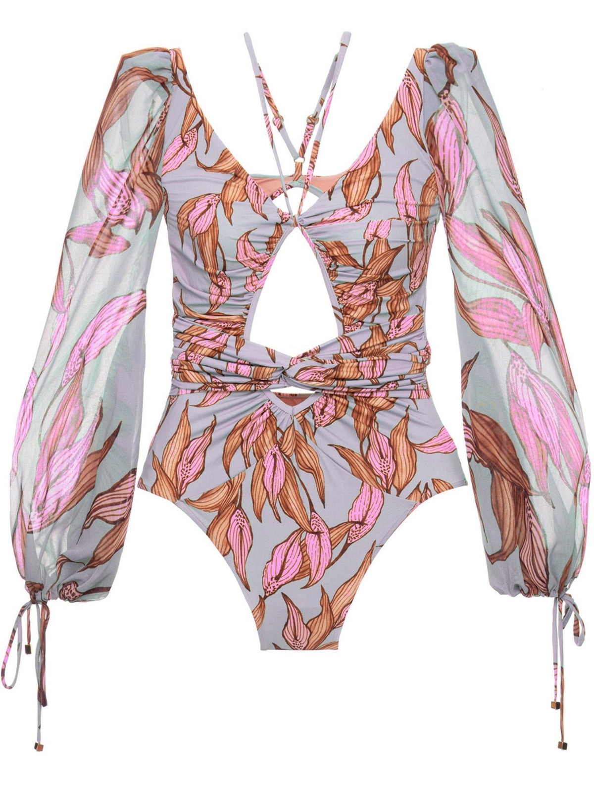 Sexy Gathered One-Piece Printed Bikini Swimsuit Women'S Long-Sleeved Swimsuit Women'S Swimsuit