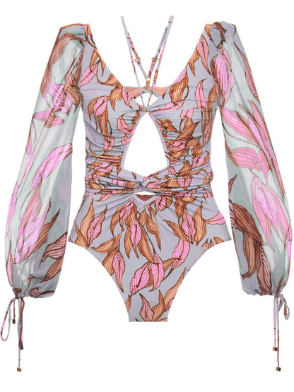 Sexy Gathered One-Piece Printed Bikini Swimsuit Women'S Long-Sleeved Swimsuit Women'S Swimsuit