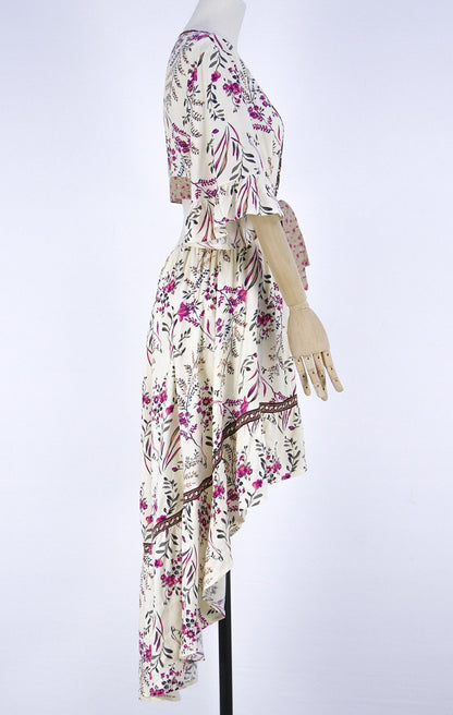 Bohemian Deep V Collar Tie With Back-To-Back Retro-Printed Large Irregular Dress