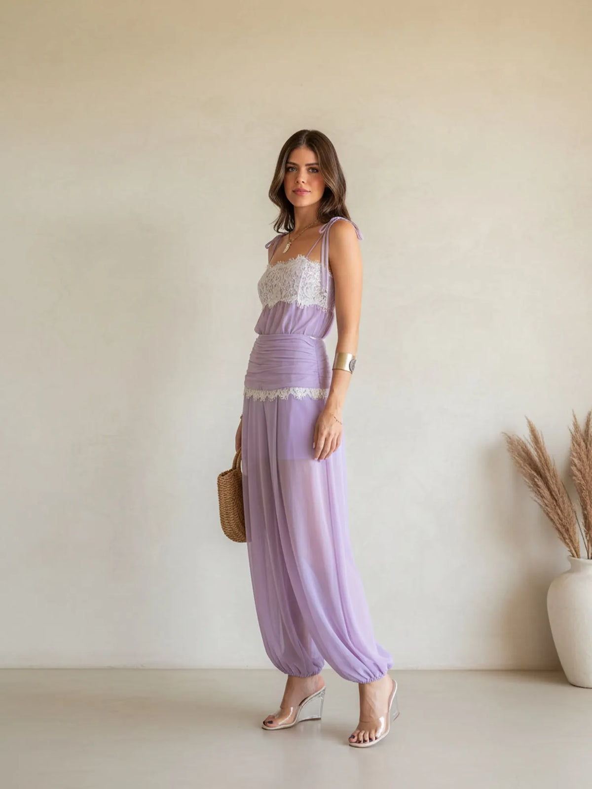 Anaya Lace-Trimmed Mesh Spaghetti Strap Top and Trousers Set