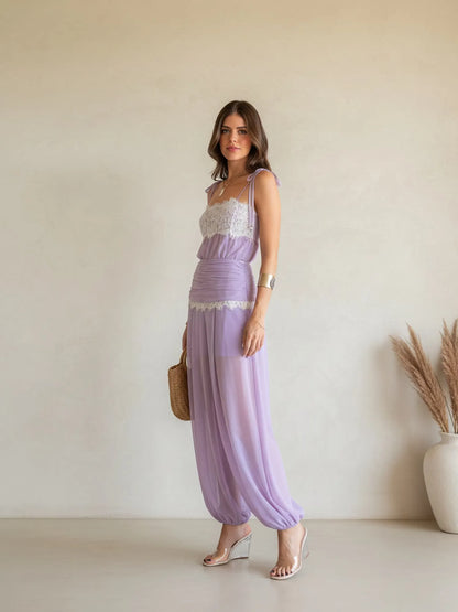 Anaya Lace-Trimmed Mesh Spaghetti Strap Top and Trousers Set
