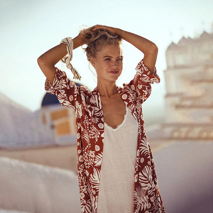 Spring And Summer New Boho Tropical Rainforest Leaf Print Loose Tie Nine Points Sleeve Thin Section Blouse