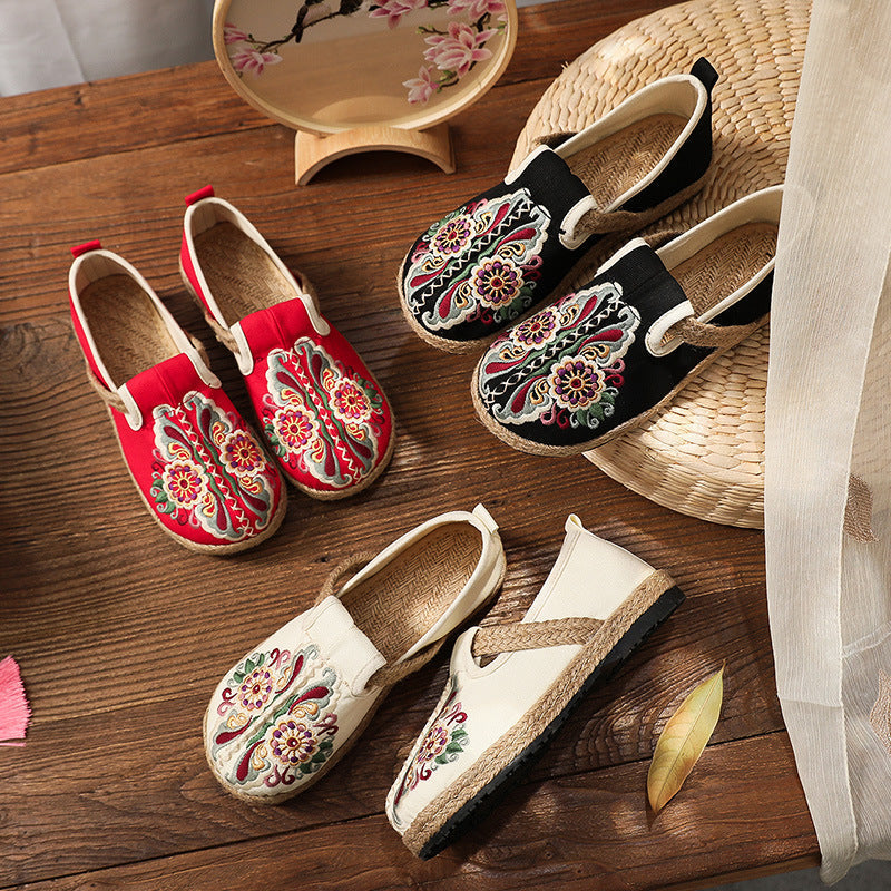 Women'S Spring Flat Bottomed Low Top Breathable Embroidered Shoes National Style Round Head Casual Women'S Shoes
