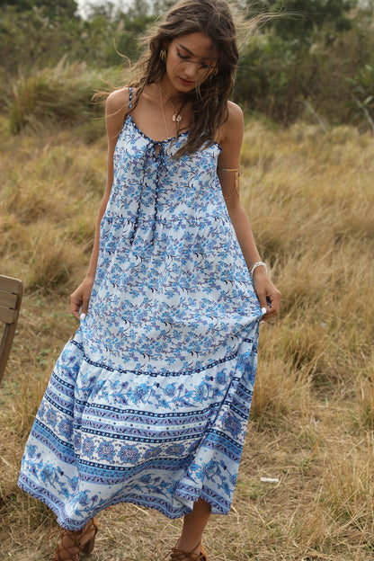 Bohemian Wind Printing Loose V-Neck Stitching Large Suspender Dress Women'S Clothing