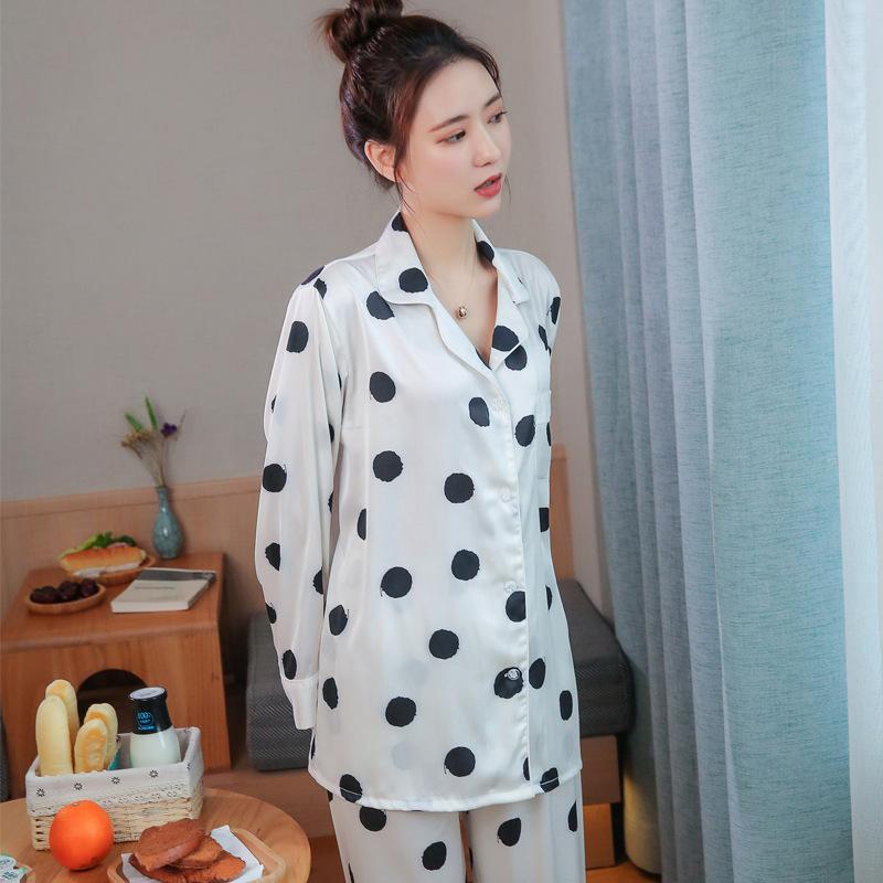 Spring And Summer Simple Women'S Long Sleeve Lapel Housewear Set Ice Silk Dot Printed Silk Pajamas