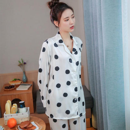 Spring And Summer Simple Women'S Long Sleeve Lapel Housewear Set Ice Silk Dot Printed Silk Pajamas