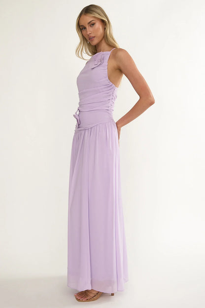 Brighten Drop Waist Flower Accent Maxi Dress Lilac