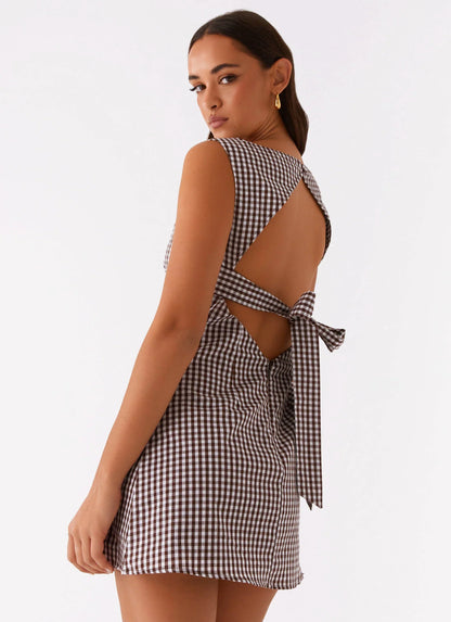 Lotus Tie Back Mini Dress - Chocolate Gingham
