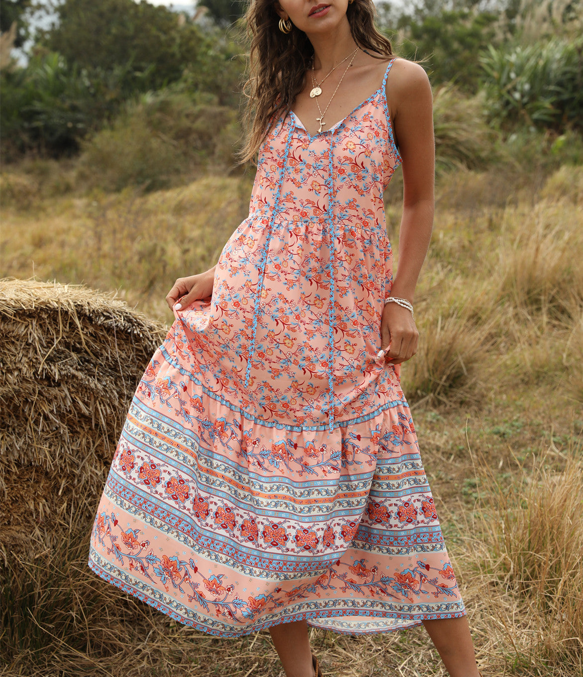 Bohemian Wind Printing Loose V-Neck Stitching Large Suspender Dress Women'S Clothing