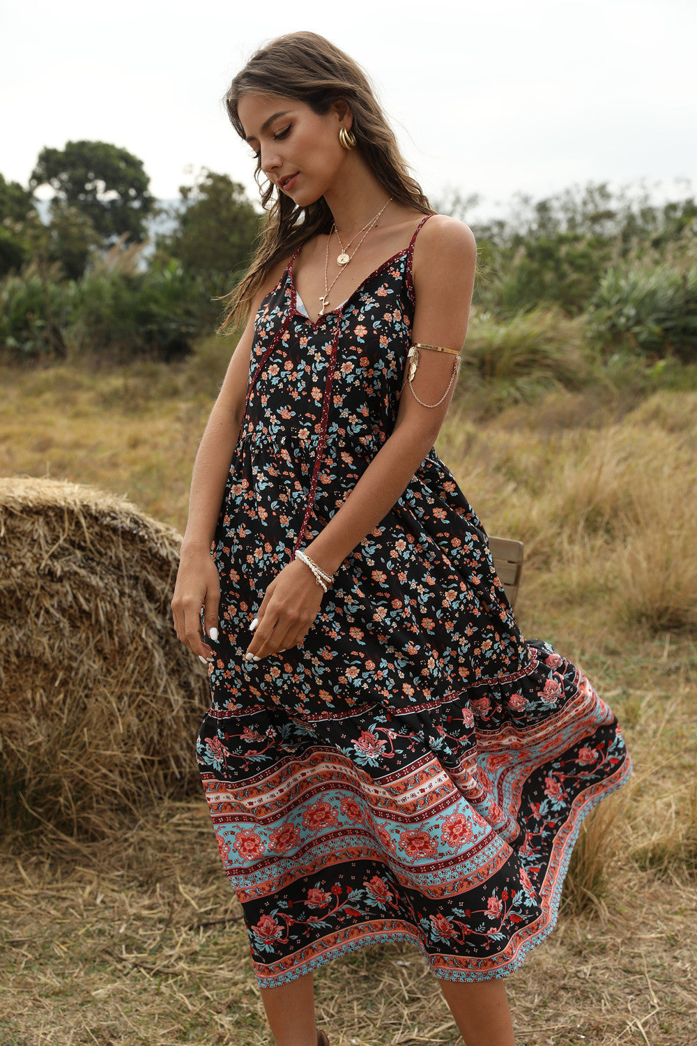 Bohemian Wind Printing Loose V-Neck Stitching Large Suspender Dress Women'S Clothing