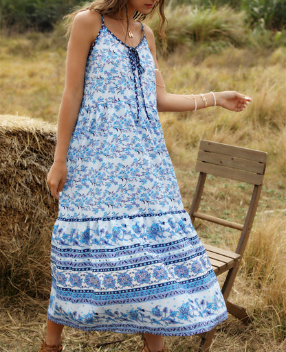 Bohemian Wind Printing Loose V-Neck Stitching Large Suspender Dress Women'S Clothing