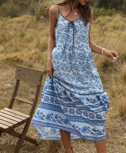 Bohemian Wind Printing Loose V-Neck Stitching Large Suspender Dress Women'S Clothing
