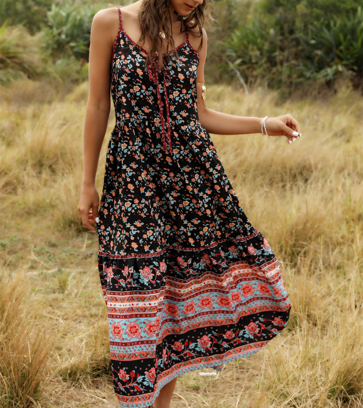 Bohemian Wind Printing Loose V-Neck Stitching Large Suspender Dress Women'S Clothing