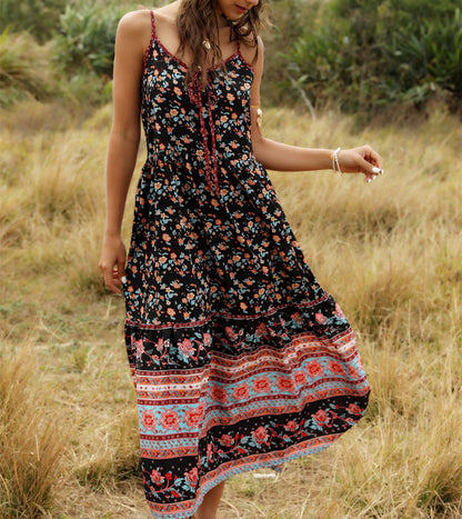 Bohemian Wind Printing Loose V-Neck Stitching Large Suspender Dress Women'S Clothing